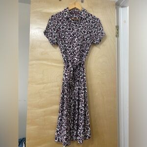 Red and blue floral buttoned midi dress with belt